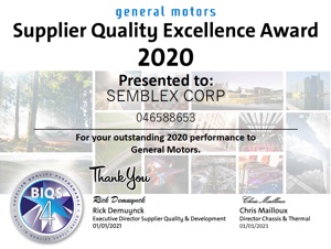 Semblex Corporation Receives General Motors Quality Excellence Award 2020