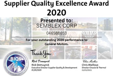 Semblex Corporation receives GM Supplier Quality Excellence Award for 2020